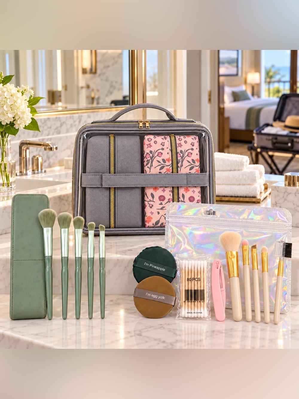 18-Piece Travel Beauty Bundle with Organizer, Makeup Brushes & Tools